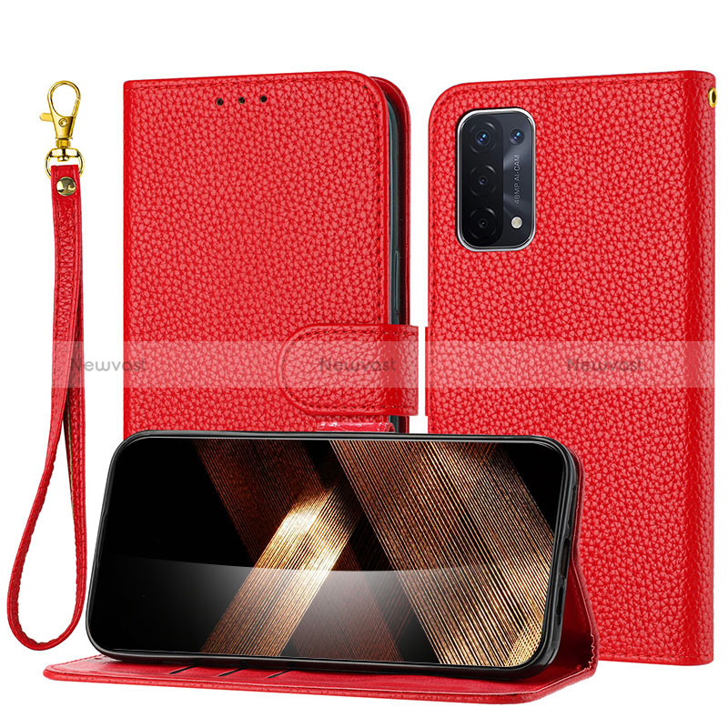 Leather Case Stands Flip Cover Holder Y09X for Oppo A54 5G Red