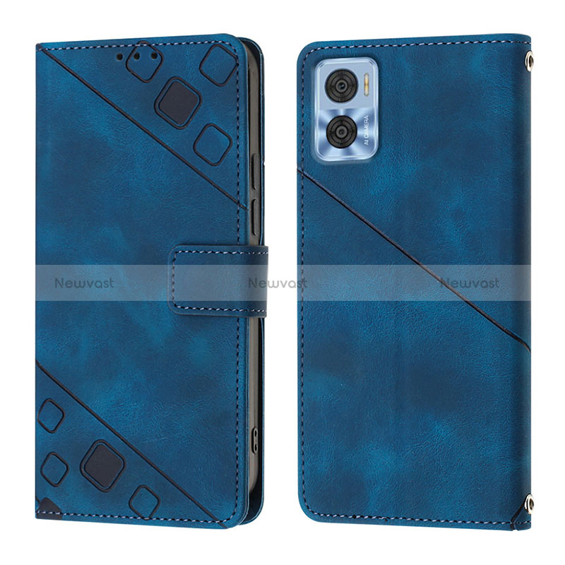 Leather Case Stands Flip Cover Holder YB1 for Motorola Moto E22 Blue