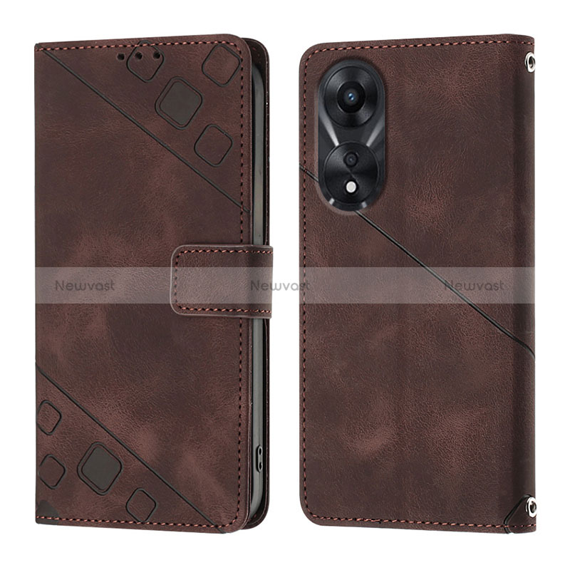 Leather Case Stands Flip Cover Holder YB1 for Oppo A58 5G Brown