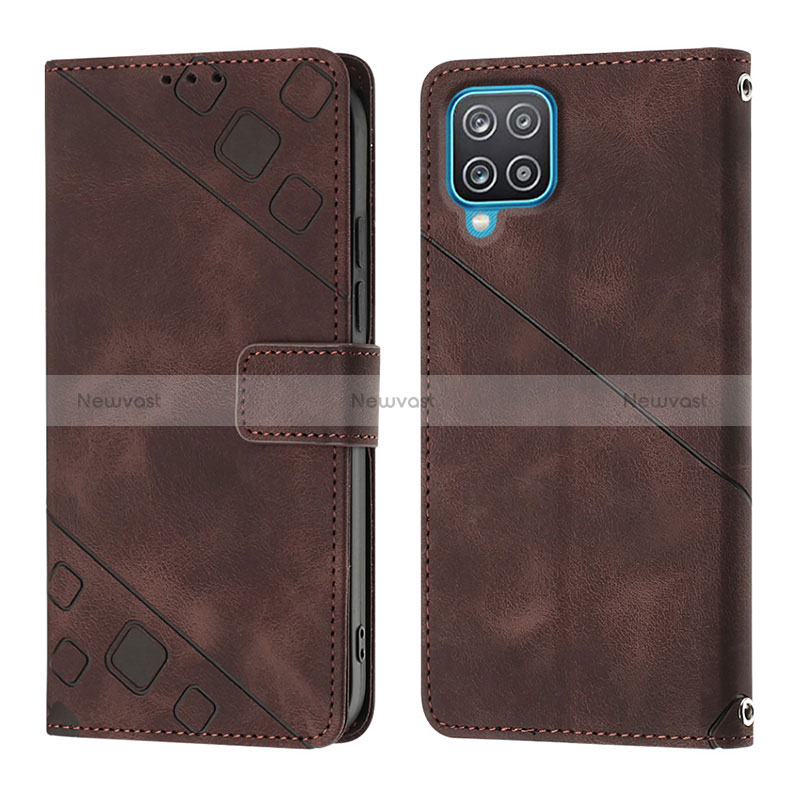 Leather Case Stands Flip Cover Holder YB1 for Samsung Galaxy A12 Brown