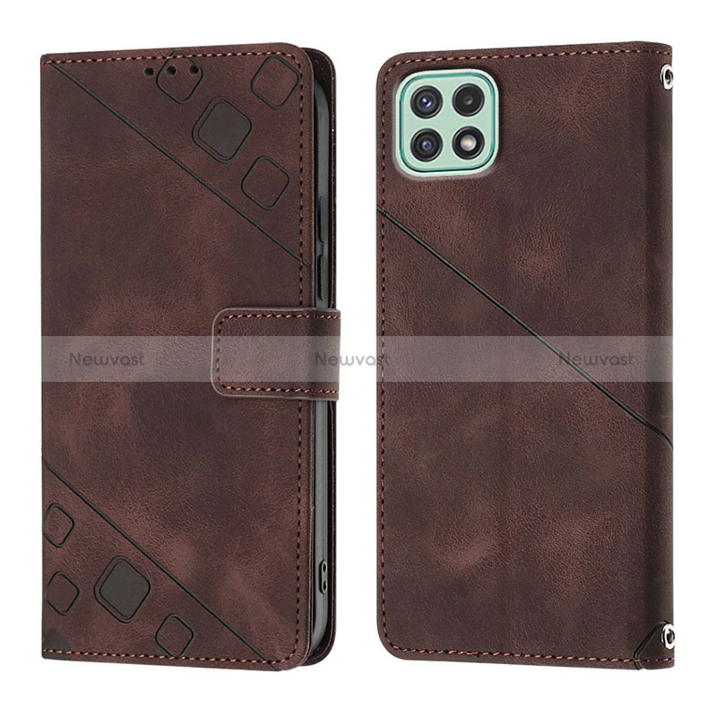 Leather Case Stands Flip Cover Holder YB1 for Samsung Galaxy A22 5G Brown