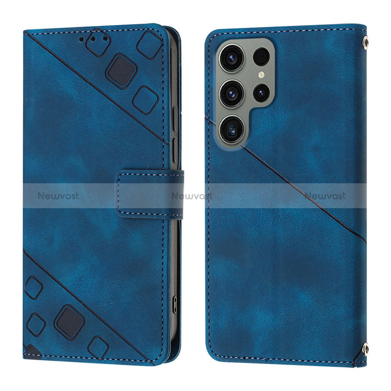 Leather Case Stands Flip Cover Holder YB1 for Samsung Galaxy S22 Ultra 5G Blue