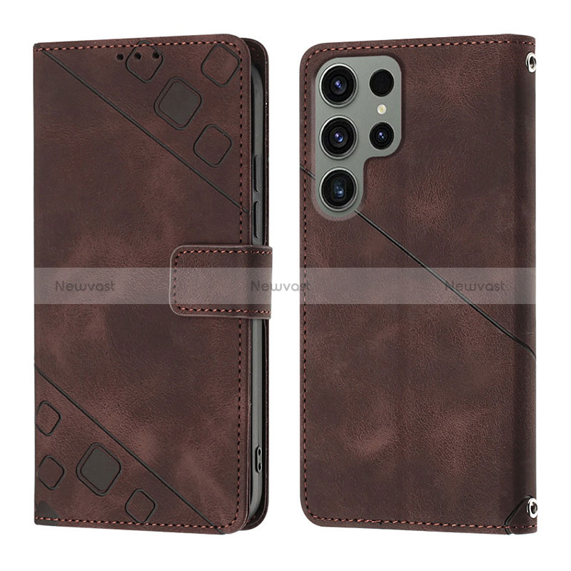 Leather Case Stands Flip Cover Holder YB1 for Samsung Galaxy S24 Ultra 5G Brown