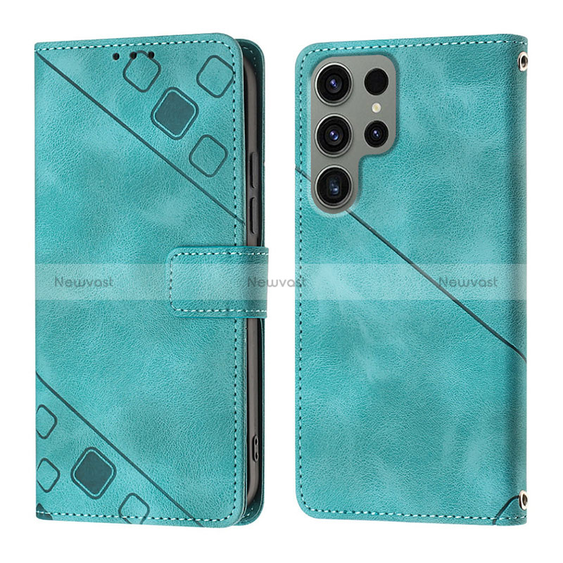 Leather Case Stands Flip Cover Holder YB1 for Samsung Galaxy S24 Ultra 5G Cyan