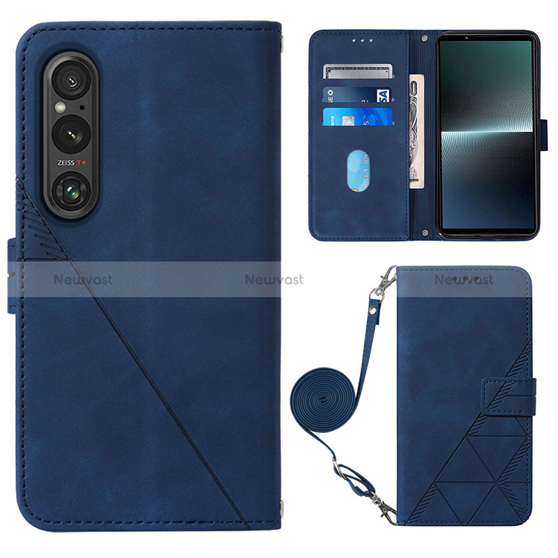 Leather Case Stands Flip Cover Holder YB1 for Sony Xperia 1 V Blue