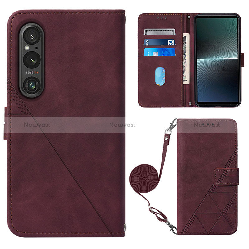 Leather Case Stands Flip Cover Holder YB1 for Sony Xperia 1 V Red