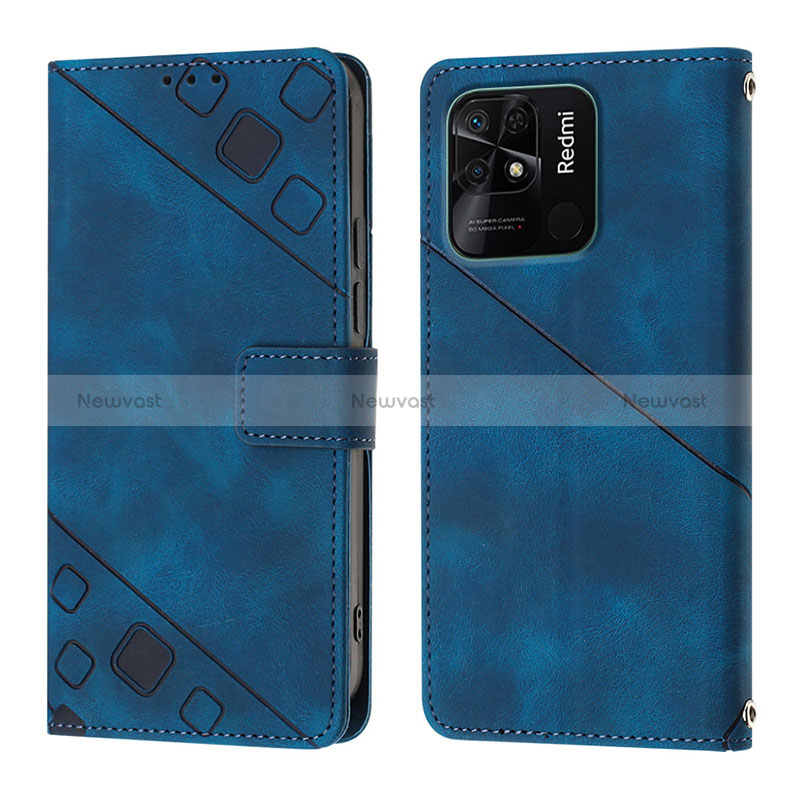 Leather Case Stands Flip Cover Holder YB1 for Xiaomi Redmi 10 India Blue