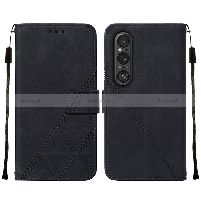 Leather Case Stands Flip Cover Holder YB2 for Sony Xperia 1 V Black