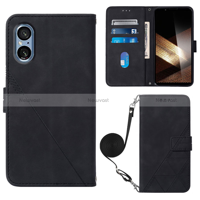 Leather Case Stands Flip Cover Holder YB2 for Sony Xperia 5 V Black