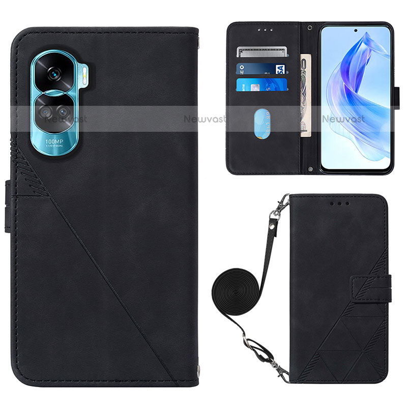 Leather Case Stands Flip Cover Holder YB3 for Huawei Honor 90 Lite 5G Black