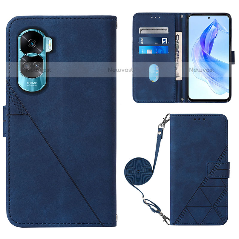 Leather Case Stands Flip Cover Holder YB3 for Huawei Honor 90 Lite 5G Blue