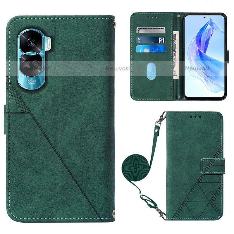 Leather Case Stands Flip Cover Holder YB3 for Huawei Honor 90 Lite 5G Green