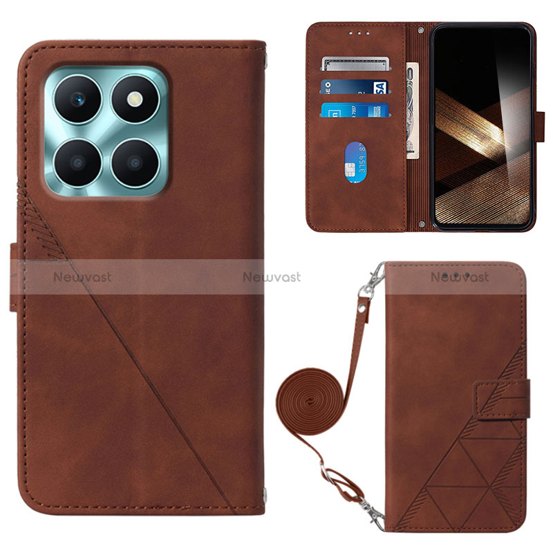 Leather Case Stands Flip Cover Holder YB3 for Huawei Honor X8b Brown