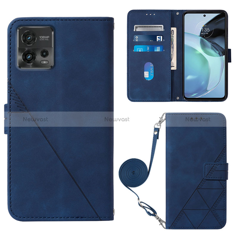 Leather Case Stands Flip Cover Holder YB3 for Motorola Moto G72 Blue