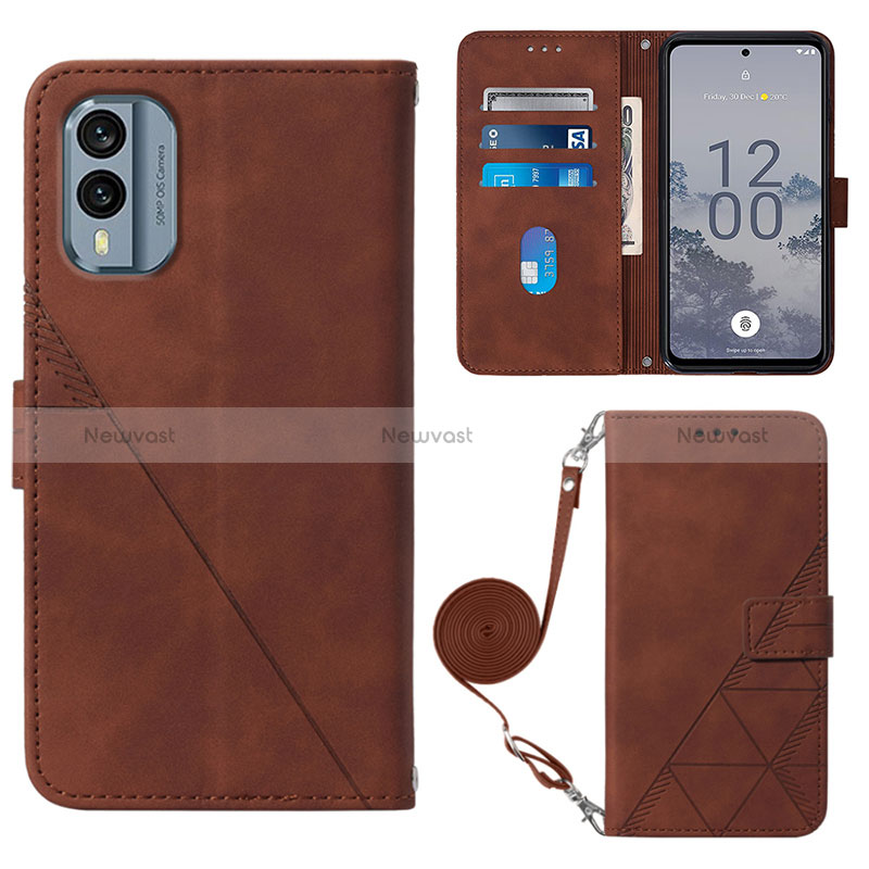 Leather Case Stands Flip Cover Holder YB3 for Nokia X30 5G Brown