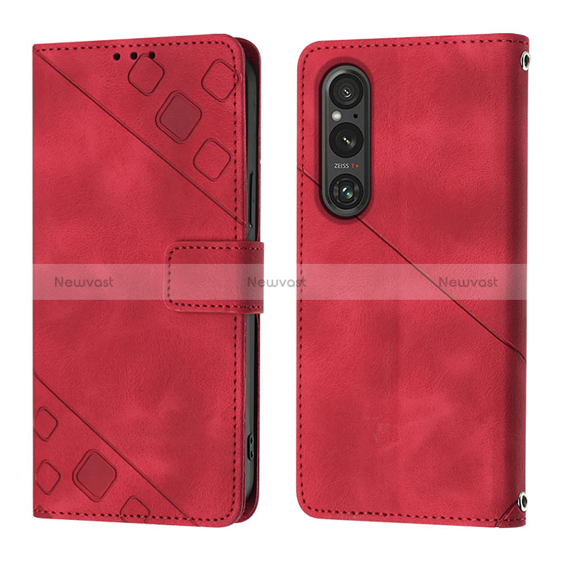 Leather Case Stands Flip Cover Holder YB3 for Sony Xperia 1 V Red