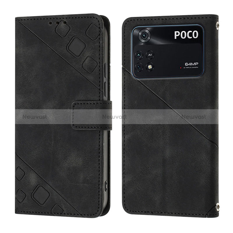 Leather Case Stands Flip Cover Holder YB3 for Xiaomi Poco M4 Pro 4G Black