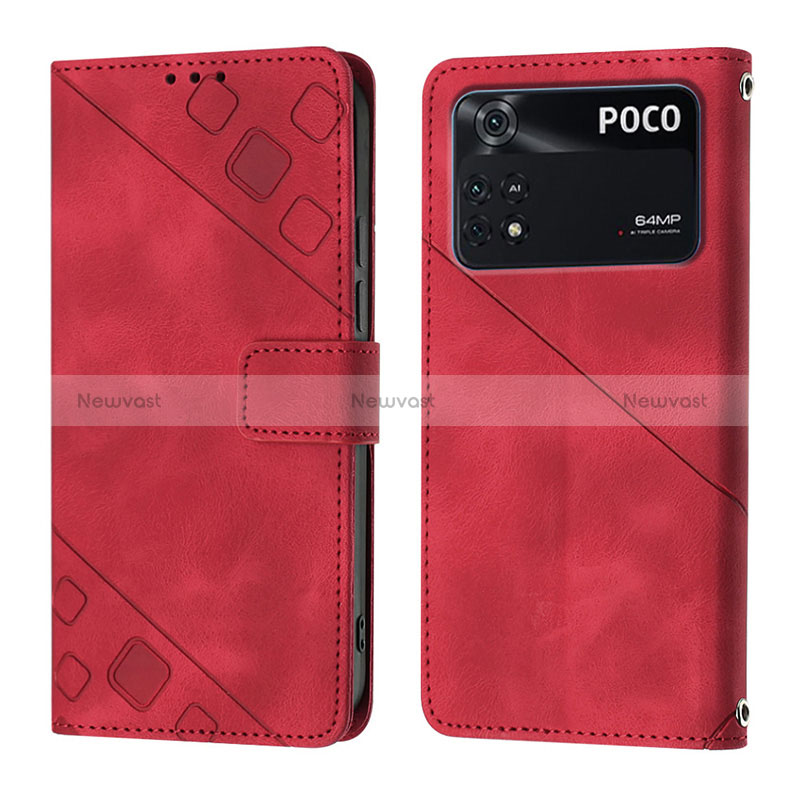 Leather Case Stands Flip Cover Holder YB3 for Xiaomi Poco M4 Pro 4G Red