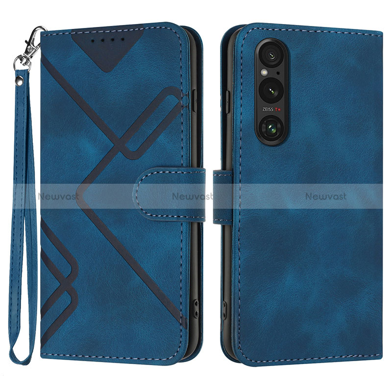 Leather Case Stands Flip Cover Holder YX2 for Sony Xperia 1 V Blue