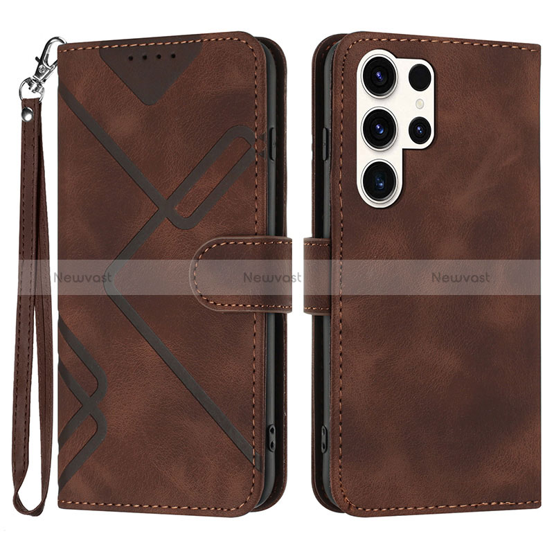 Leather Case Stands Flip Cover Holder YX3 for Samsung Galaxy S23 Ultra 5G Brown