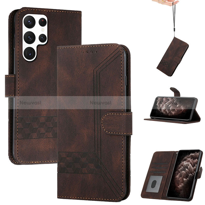 Leather Case Stands Flip Cover Holder YX4 for Samsung Galaxy S22 Ultra 5G Brown