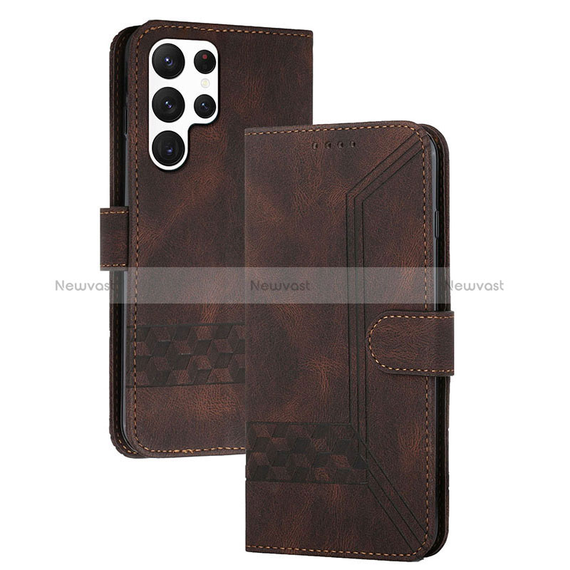 Leather Case Stands Flip Cover Holder YX4 for Samsung Galaxy S24 Ultra 5G Brown