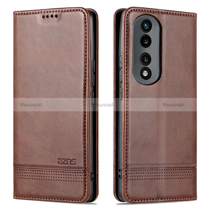 Leather Case Stands Flip Cover Holder YZ1 for Huawei Honor 90 5G Brown