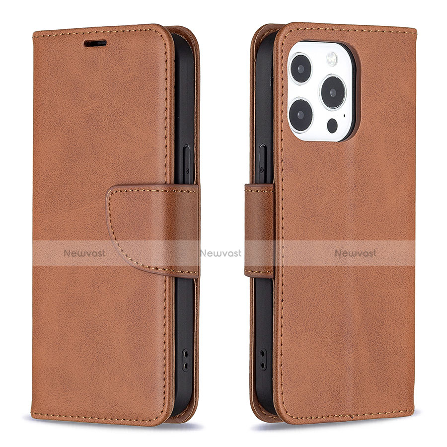 Leather Case Stands Flip Cover L01 Holder for Apple iPhone 13 Pro Max Brown