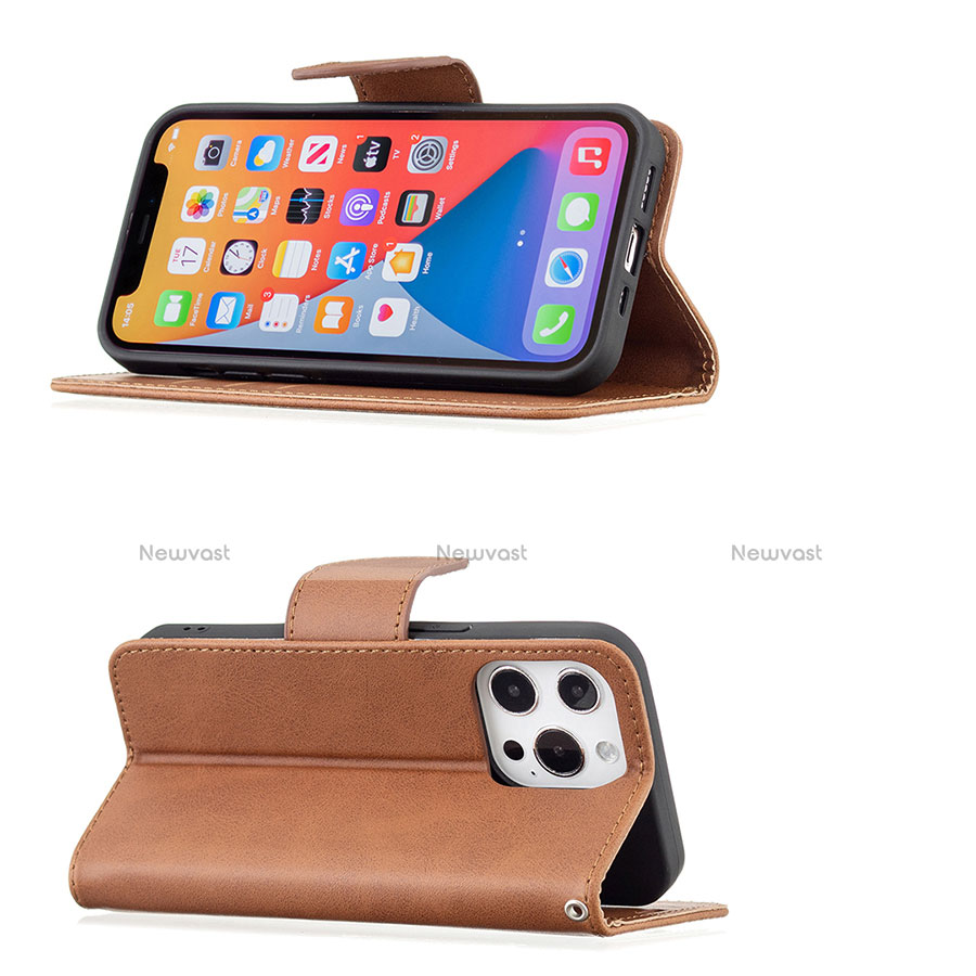 Leather Case Stands Flip Cover L01 Holder for Apple iPhone 13 Pro Max Brown