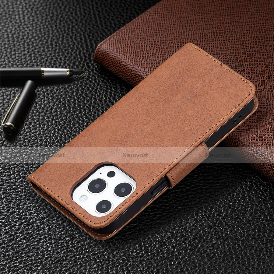 Leather Case Stands Flip Cover L01 Holder for Apple iPhone 13 Pro Max Brown