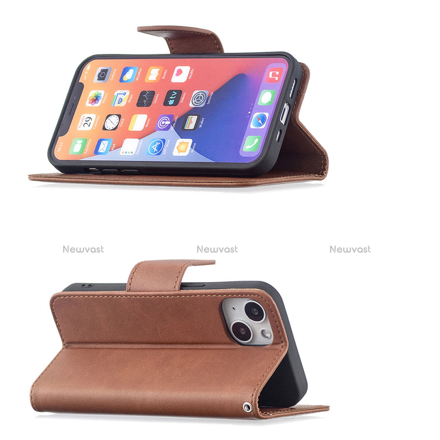 Leather Case Stands Flip Cover L01 Holder for Apple iPhone 14 Plus Brown