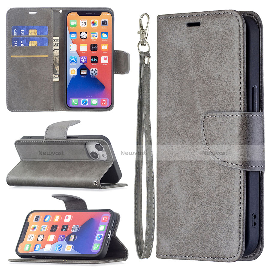 Leather Case Stands Flip Cover L01 Holder for Apple iPhone 14 Plus Gray