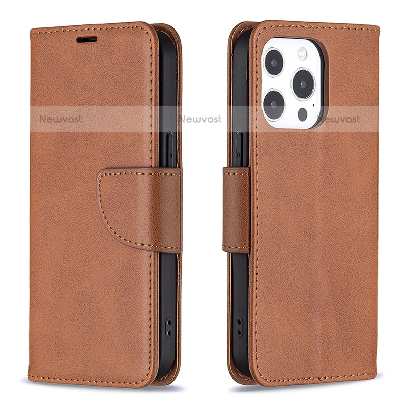 Leather Case Stands Flip Cover L01 Holder for Apple iPhone 14 Pro Brown