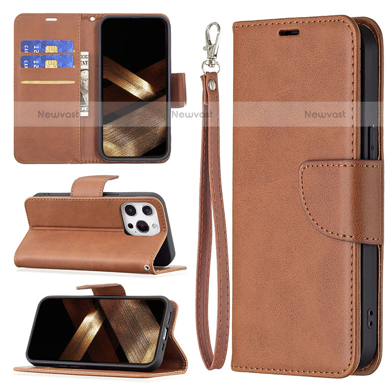 Leather Case Stands Flip Cover L01 Holder for Apple iPhone 14 Pro Brown