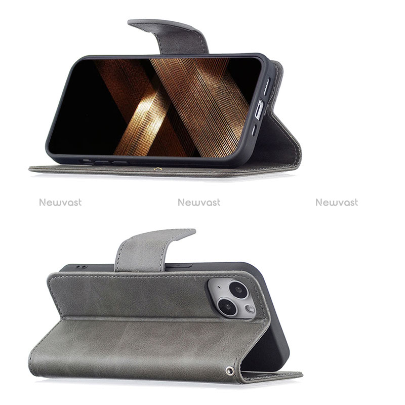 Leather Case Stands Flip Cover L01 Holder for Apple iPhone 15 Plus Gray