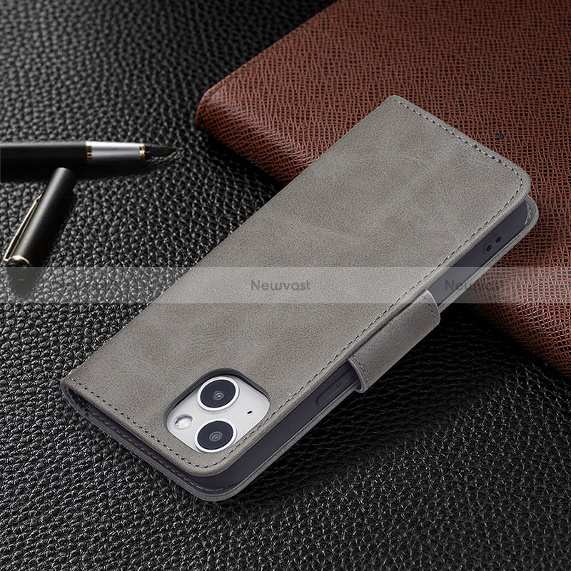 Leather Case Stands Flip Cover L01 Holder for Apple iPhone 15 Plus Gray