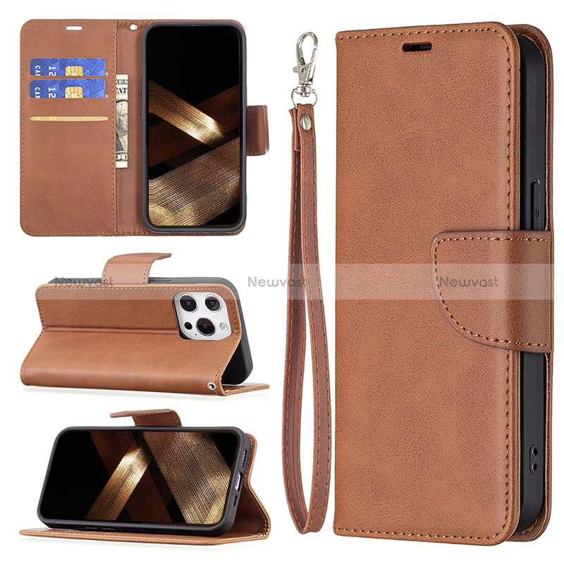 Leather Case Stands Flip Cover L01 Holder for Apple iPhone 15 Pro Brown