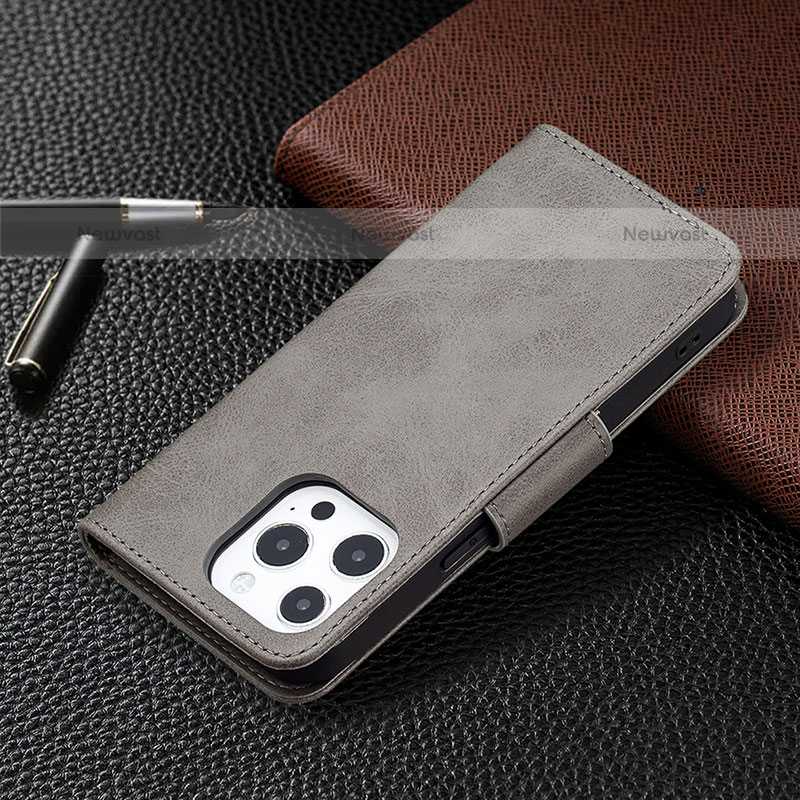 Leather Case Stands Flip Cover L01 Holder for Apple iPhone 15 Pro Max Dark Gray