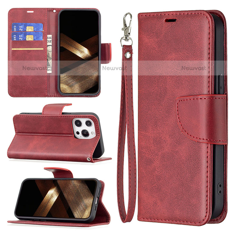 Leather Case Stands Flip Cover L01 Holder for Apple iPhone 15 Pro Max Red