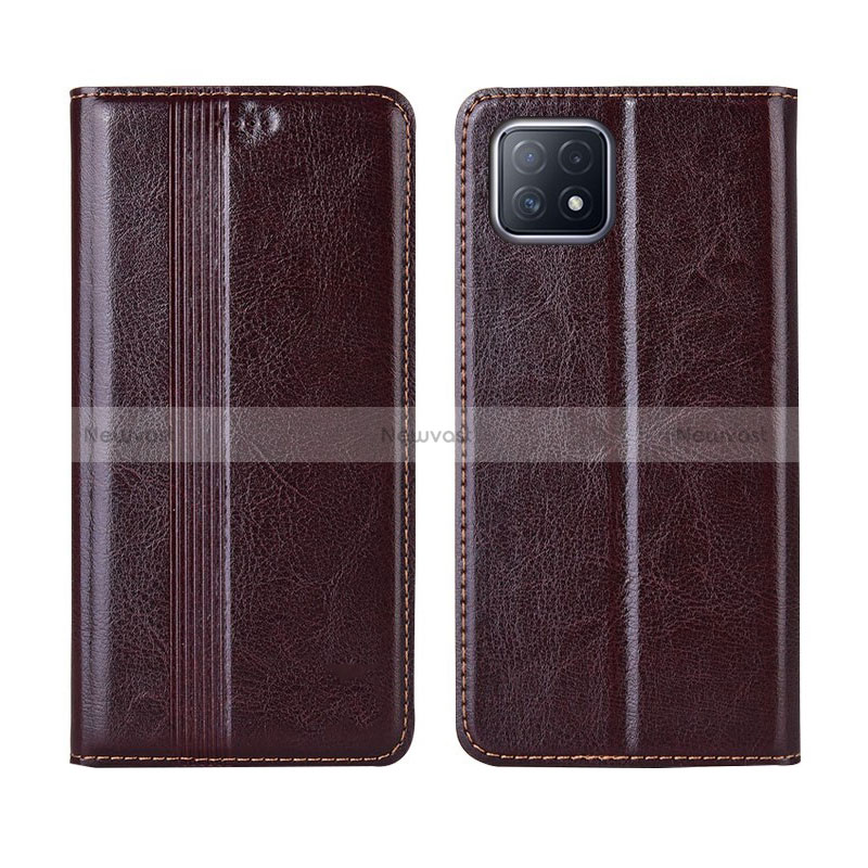 Leather Case Stands Flip Cover L01 Holder for Oppo A53 5G Brown