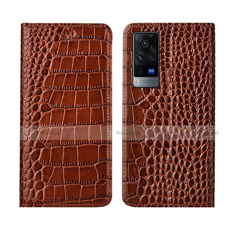 Leather Case Stands Flip Cover L01 Holder for Vivo X60 Pro 5G Light Brown