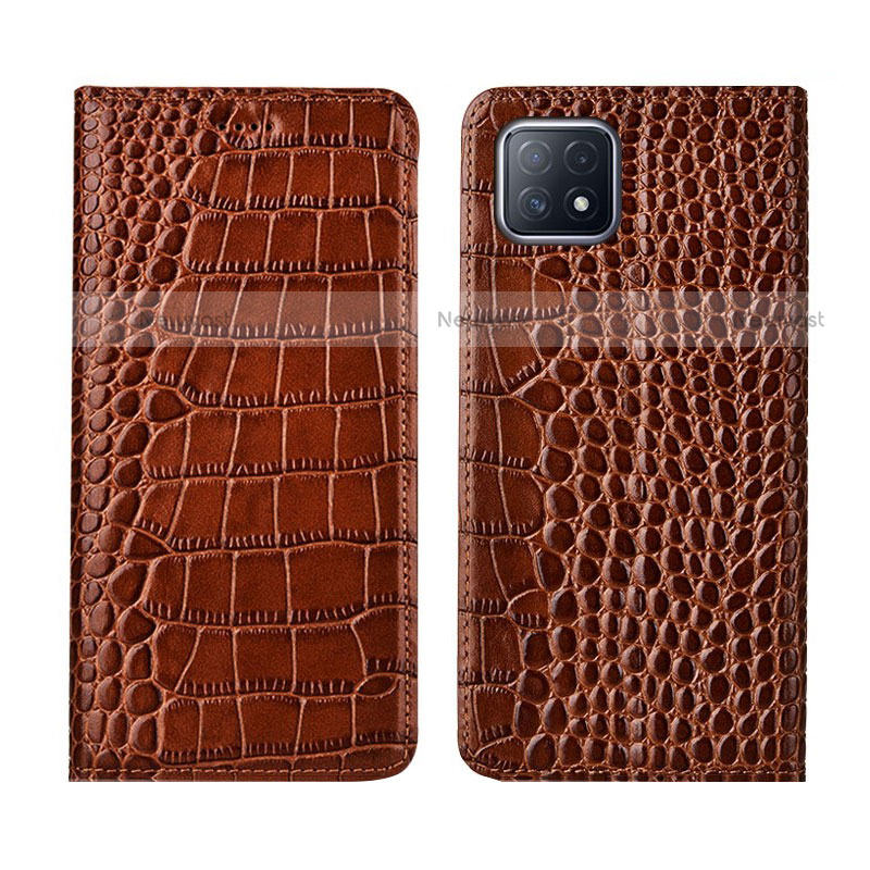 Leather Case Stands Flip Cover L02 Holder for Oppo A72 5G Light Brown