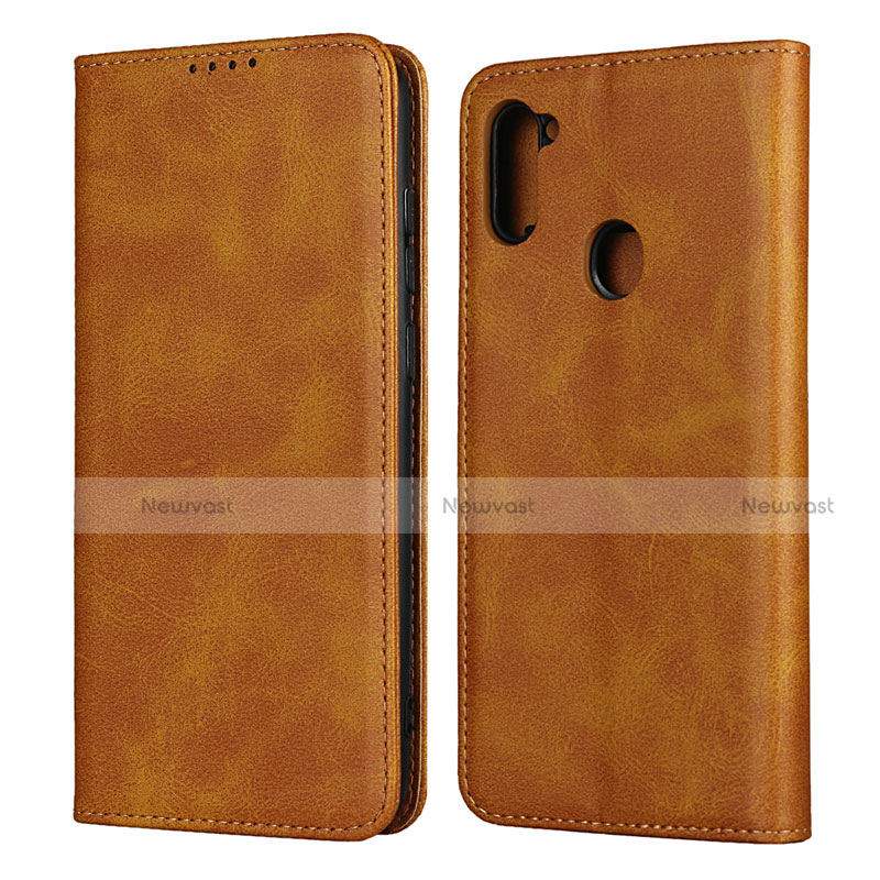 Leather Case Stands Flip Cover L02 Holder for Samsung Galaxy A11 Light Brown