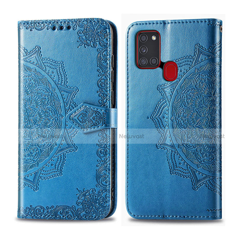 Leather Case Stands Flip Cover L02 Holder for Samsung Galaxy A21s Blue