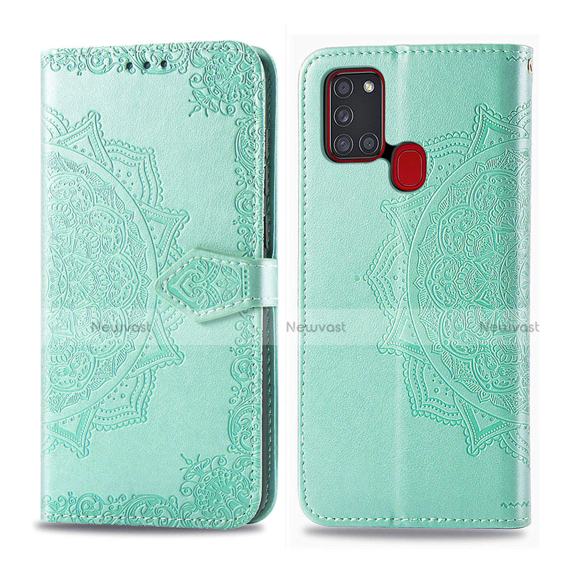 Leather Case Stands Flip Cover L02 Holder for Samsung Galaxy A21s Green