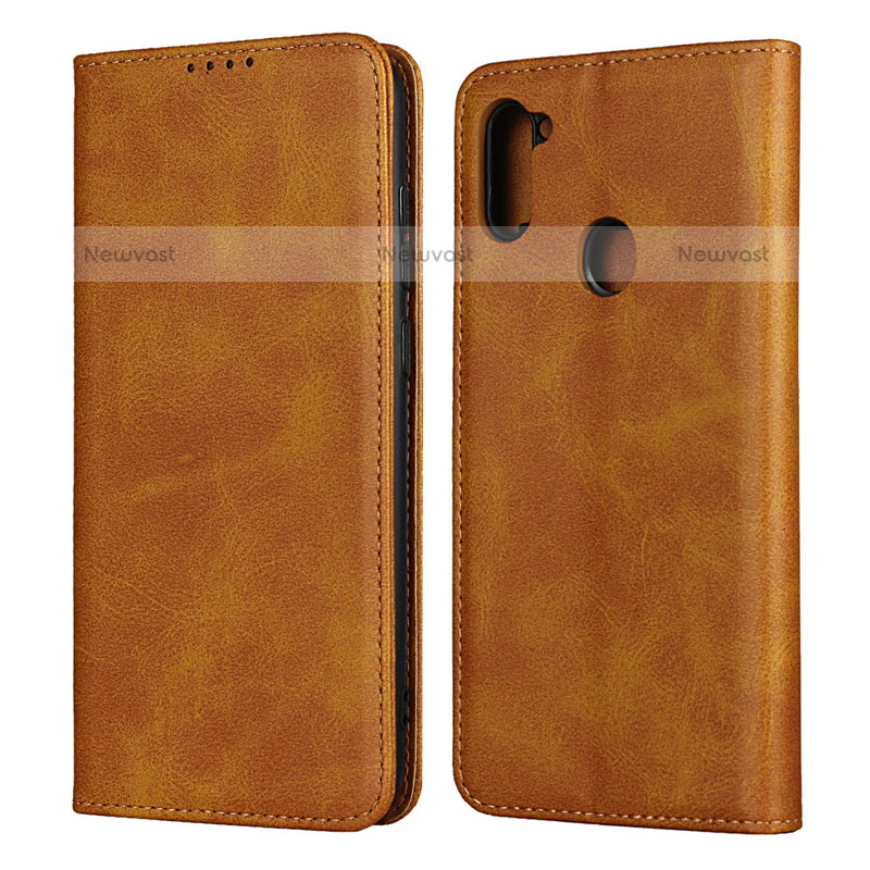 Leather Case Stands Flip Cover L02 Holder for Samsung Galaxy M11 Light Brown