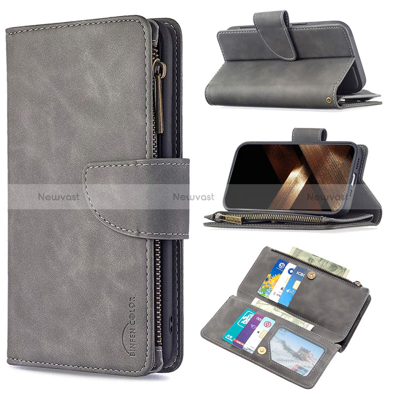 Leather Case Stands Flip Cover L03 Holder for Apple iPhone 15 Pro Dark Gray