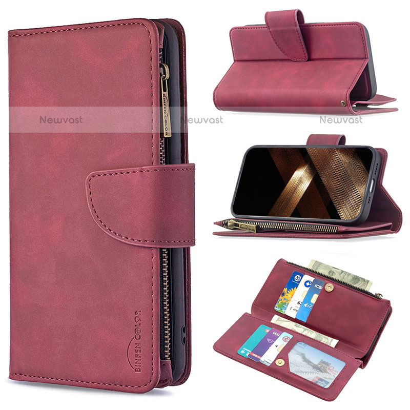 Leather Case Stands Flip Cover L03 Holder for Apple iPhone 15 Pro Max Red Wine