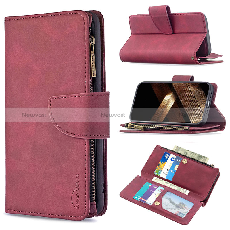 Leather Case Stands Flip Cover L03 Holder for Apple iPhone 15 Pro Red Wine