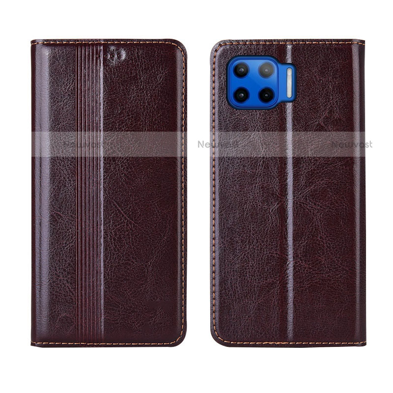 Leather Case Stands Flip Cover L03 Holder for Motorola Moto G 5G Plus Brown